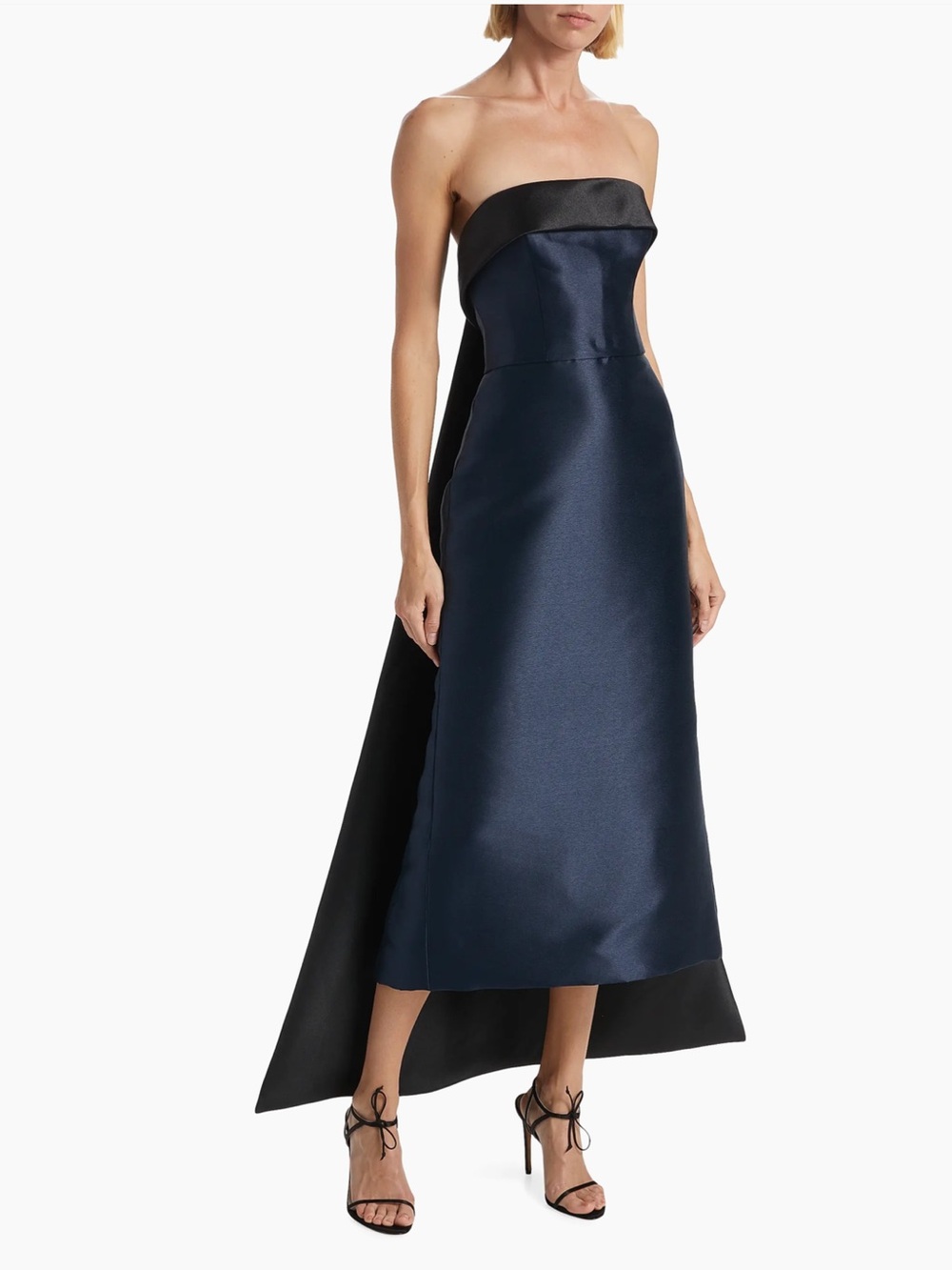 Amsale Mikado Satin Strapless Navy High-Low Tea-Length Evening Dress - Picture 2 of 7